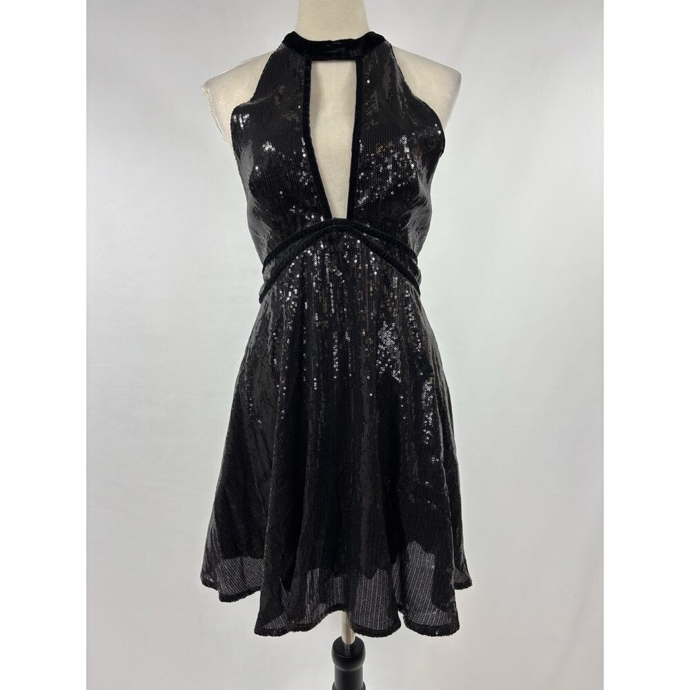 Free People Film Noir Sequin Mini Dress Black Size 10 Backless Cut Out Plunge